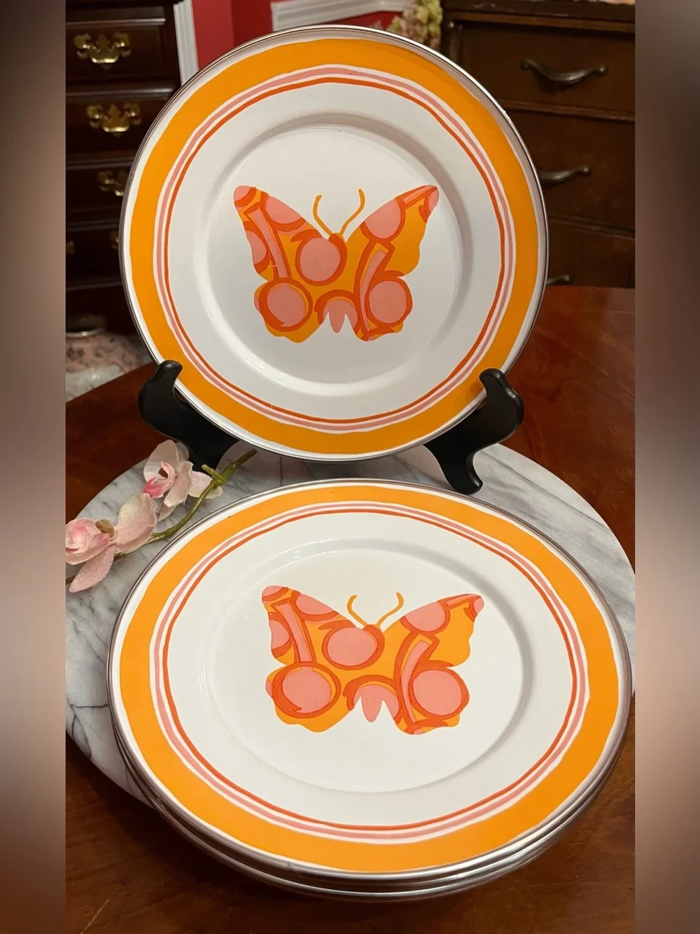 Rare VTG Golden Rabbit Enamelware Butterfly Plates Michal Sparks 4-Set Retro